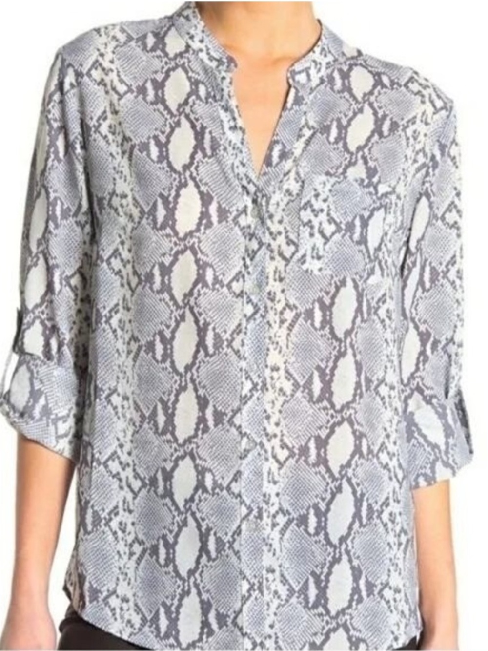 KUT from the Kloth Harper Snake Print Roll Tab Blouse Gray Small - Picture 2 of 15